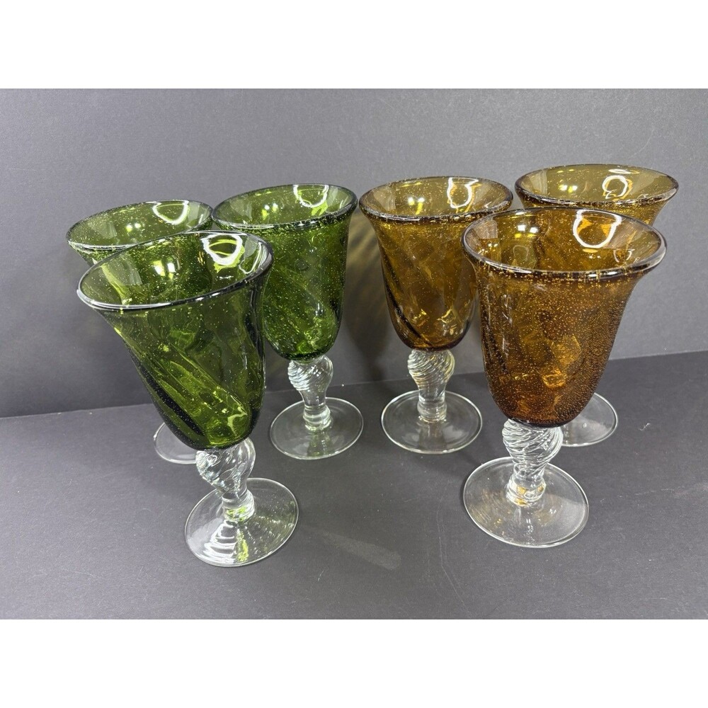 6 Hand Blown 3 Amber Gold 3 Emerald Green Bubble Glass Wine Goblets Clear Stems